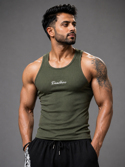 Dumbbers Ribbed Vest - Olive Green.