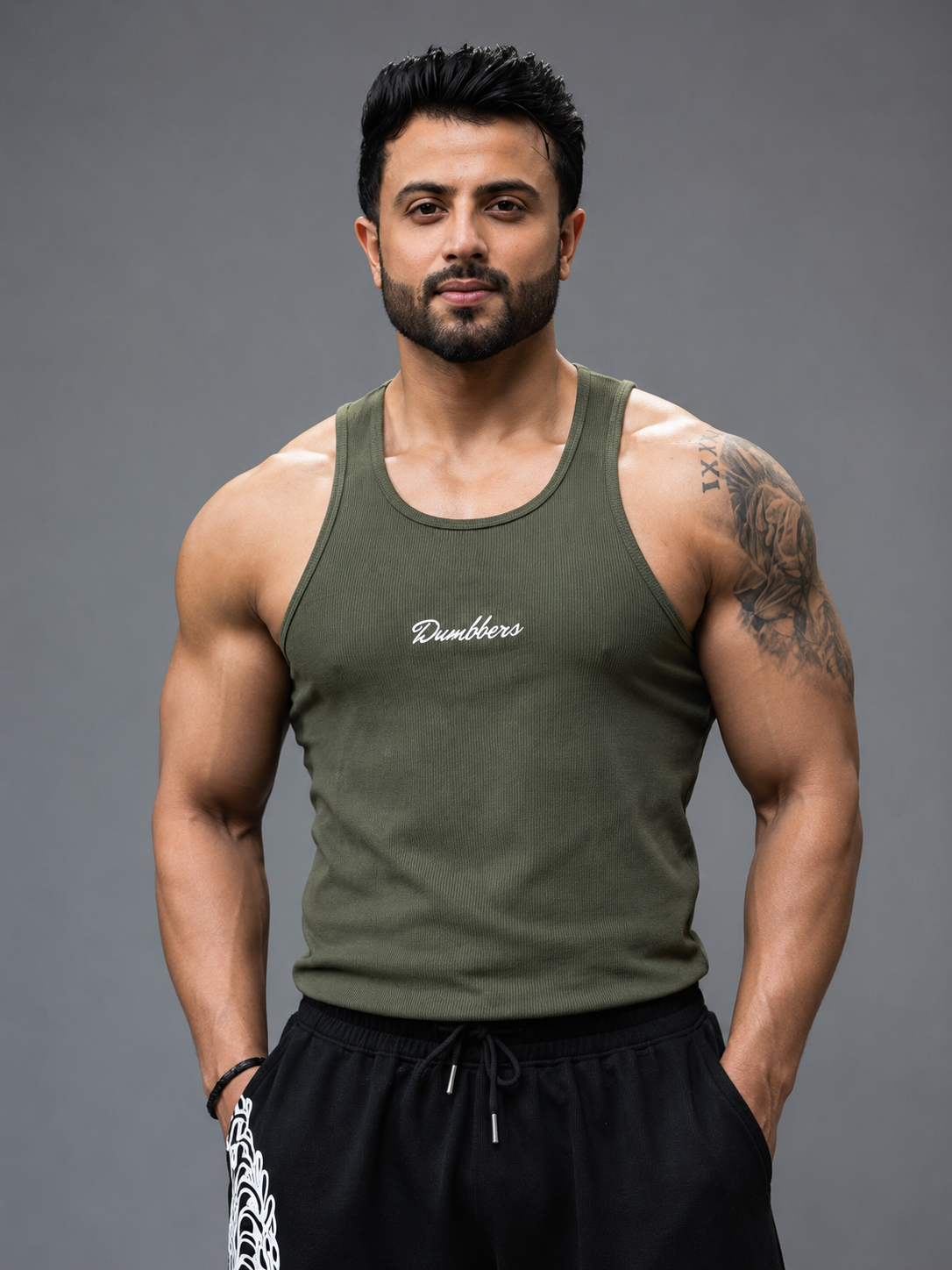 Dumbbers Ribbed Vest - Olive Green.